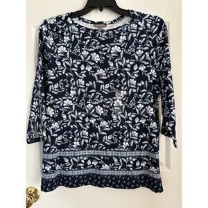 STYLE & CO. WOMEN'S TOPS SIZE 2X NAVY FLORAL BOAT NECK 3/4 SLEEVE COTTON PULLON